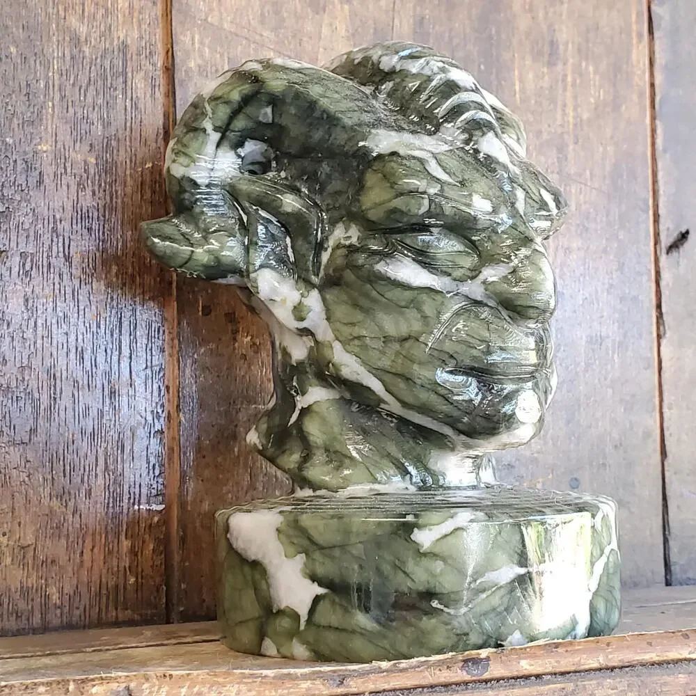 Velnias Horned Bust Serpentine Jade Demon Head Bust Crystal Skull 1740 grams